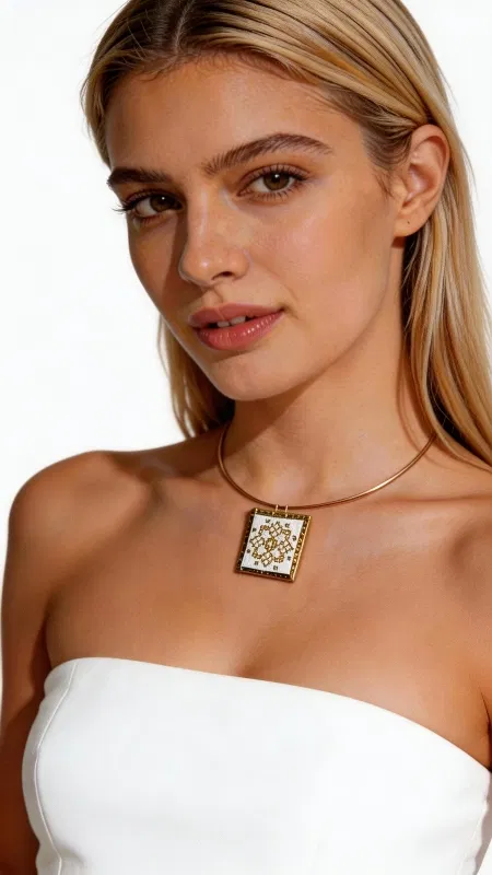 , Ανακαλύψτε την κομψότητα του κεντητού κολιέ με γεωμετρικά σχέδια σε άσπρη απόχρωση, ένα μοναδικό χειροποίητο κόσμημα που συνδυάζει την παραδοσιακή τέχνη του κεντήματος με σύγχρονη αισθητική. Σχεδιασμένο από την Ελληνίδα Σχεδιάστρια Κοσμημάτων Αικατερίνη Χαλκιαδάκη, αυτό το εντυπωσιακό statement κολιέ προσφέρει μια εκλεπτυσμένη πινελιά σε κάθε εμφάνιση. Το κεντητό pendant με χρυσοκλωστή δημιουργεί μια εκπληκτική αντίθεση πάνω στο άσπρο ύφασμα, ενώ η τετραγωνική του φόρμα προσδίδει γεωμετρική αρμονία. Το χρυσό choker που το συνοδεύει στο λαιμό δημιουργεί ένα σύνολο που εκπέμπει σύγχρονη κομψότητα. Ιδανικό για layering με άλλα κολιέ ή μόνο του ως εντυπωσιακό statement κόσμημα. Αυτό το χειροποίητο κολιέ αποτελεί την τέλεια επιλογή για γυναίκες που εκτιμούν τη μοναδικότητα και την ποιότητα των ελληνικών κοσμημάτων. Συνδυάζεται υπέροχα με καλοκαιρινά outfits και προσδίδει μια εθνική πινελιά σε κάθε εμφάνιση. Φροντίστε το κολιέ σας αποθηκεύοντάς το σε στεγνό μέρος μακριά από χημικά και αρώματα για να διατηρήσει τη λάμψη του. Υλικό: Ορείχαλκος, Ύφασμα