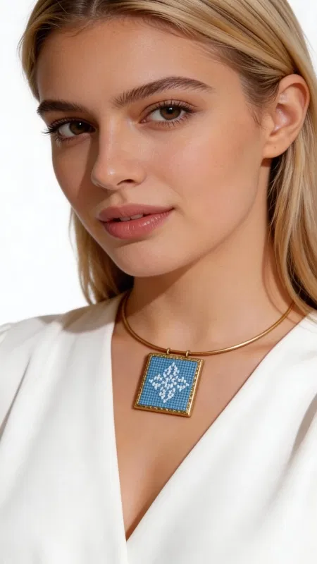 Ανακαλύψτε την τέχνη του κεντήματος σε ένα εξαιρετικό κολιέ κεντητό γαλάζιο που συνδυάζει παραδοσιακή τεχνική με σύγχρονη αισθητική. Αυτό το μοναδικό κόσμημα, σχεδιασμένο από την Ελληνίδα Σχεδιάστρια Κοσμημάτων Αικατερίνη Χαλκιαδάκη, διακρίνεται για τα γεωμετρικά του σχέδια και τη χρήση χρυσοκλωστής που προσδίδει κομψότητα και λάμψη. Το κολιέ κεντητό γαλάζιο δημιουργείται με στάμινα και χρυσοκλωστή, ενώ το μενταγιόν συνδέεται με αλυσίδα από ορείχαλκο για μεγαλύτερη αντοχή και στιλ. Τα γεωμετρικά μοτίβα σε αποχρώσεις του γαλάζιου δημιουργούν έναν υπέροχο συνδυασμό που ταιριάζει τόσο σε καθημερινά όσο και σε ιδιαίτερα σύνολα. Υλικό: Ορείχαλκος, Ύφασμα Φροντίδα: Αποφύγετε την επαφή με νερό και αρώματα. Φυλάσσετε σε στεγνό μέρος.