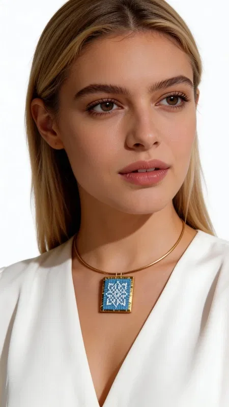 , Το κεντητό κολιέ με γεωμετρικά σχέδια σε γαλάζια απόχρωση αποτελεί ένα εντυπωσιακό κόσμημα που συνδυάζει την παραδοσιακή τέχνη του κεντήματος με τη σύγχρονη αισθητική. Σχεδιασμένο από την Ελληνίδα Σχεδιάστρια Κοσμημάτων Αικατερίνη Χαλκιαδάκη, αυτό το μοναδικό statement κολιέ φέρει λεπτομερή γεωμετρικά μοτίβα κεντημένα με χρυσοκλωστή σε γαλάζιο υπόβαθρο. Το χειροποίητο κολιέ διαθέτει τετράγωνο σχήμα που προσδίδει μοντέρνα elegance στην παραδοσιακή τεχνική του κεντήματος. Η χρυσοκλωστή δημιουργεί λαμπερές λεπτομέρειες που ξεχωρίζουν πάνω στο γαλάζιο ύφασμα, ενώ ο ορείχαλκος προσθέτει κομψότητα και αντοχή. Το μακρύ κολιέ είναι ιδανικό για layering ή ως αυτόνομο statement piece. Αυτό το εντυπωσιακό κεντητό κολιέ συνδυάζεται τέλεια με λευκά, γαλάζια ή χρυσαφί ρούχα. Για τη διατήρηση της ομορφιάς του, αποφύγετε την επαφή με νερό και αποθηκεύστε το σε στεγνό μέρος. Υλικό: Ορείχαλκος, Ύφασμα