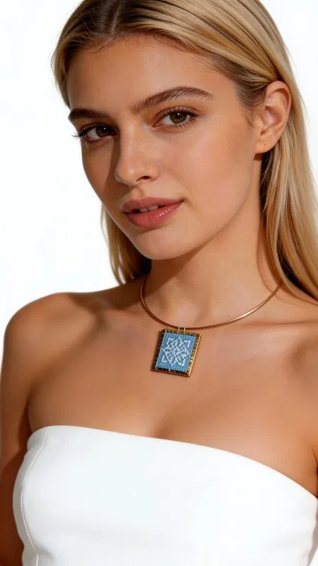 , Το κεντητό κολιέ με γεωμετρικά σχέδια σε γαλάζια απόχρωση αποτελεί ένα εντυπωσιακό κόσμημα που συνδυάζει την παραδοσιακή τέχνη του κεντήματος με τη σύγχρονη αισθητική. Σχεδιασμένο από την Ελληνίδα Σχεδιάστρια Κοσμημάτων Αικατερίνη Χαλκιαδάκη, αυτό το μοναδικό statement κολιέ φέρει λεπτομερή γεωμετρικά μοτίβα κεντημένα με χρυσοκλωστή σε γαλάζιο υπόβαθρο. Το χειροποίητο κολιέ διαθέτει τετράγωνο σχήμα που προσδίδει μοντέρνα elegance στην παραδοσιακή τεχνική του κεντήματος. Η χρυσοκλωστή δημιουργεί λαμπερές λεπτομέρειες που ξεχωρίζουν πάνω στο γαλάζιο ύφασμα, ενώ ο ορείχαλκος προσθέτει κομψότητα και αντοχή. Το μακρύ κολιέ είναι ιδανικό για layering ή ως αυτόνομο statement piece. Αυτό το εντυπωσιακό κεντητό κολιέ συνδυάζεται τέλεια με λευκά, γαλάζια ή χρυσαφί ρούχα. Για τη διατήρηση της ομορφιάς του, αποφύγετε την επαφή με νερό και αποθηκεύστε το σε στεγνό μέρος. Υλικό: Ορείχαλκος, Ύφασμα