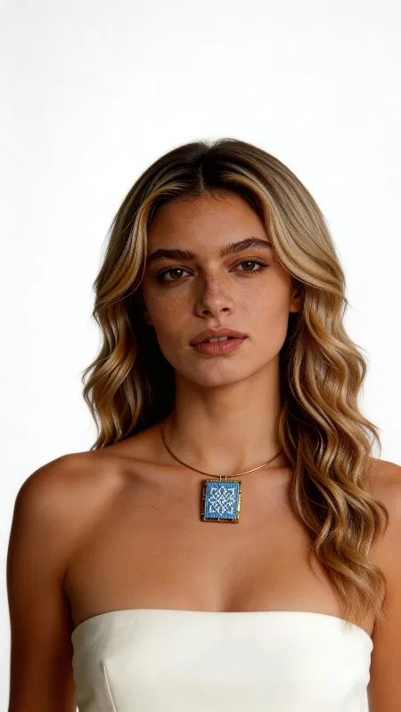 , Το κεντητό κολιέ με γεωμετρικά σχέδια σε γαλάζια απόχρωση αποτελεί ένα εντυπωσιακό κόσμημα που συνδυάζει την παραδοσιακή τέχνη του κεντήματος με τη σύγχρονη αισθητική. Σχεδιασμένο από την Ελληνίδα Σχεδιάστρια Κοσμημάτων Αικατερίνη Χαλκιαδάκη, αυτό το μοναδικό statement κολιέ φέρει λεπτομερή γεωμετρικά μοτίβα κεντημένα με χρυσοκλωστή σε γαλάζιο υπόβαθρο. Το χειροποίητο κολιέ διαθέτει τετράγωνο σχήμα που προσδίδει μοντέρνα elegance στην παραδοσιακή τεχνική του κεντήματος. Η χρυσοκλωστή δημιουργεί λαμπερές λεπτομέρειες που ξεχωρίζουν πάνω στο γαλάζιο ύφασμα, ενώ ο ορείχαλκος προσθέτει κομψότητα και αντοχή. Το μακρύ κολιέ είναι ιδανικό για layering ή ως αυτόνομο statement piece. Αυτό το εντυπωσιακό κεντητό κολιέ συνδυάζεται τέλεια με λευκά, γαλάζια ή χρυσαφί ρούχα. Για τη διατήρηση της ομορφιάς του, αποφύγετε την επαφή με νερό και αποθηκεύστε το σε στεγνό μέρος. Υλικό: Ορείχαλκος, Ύφασμα