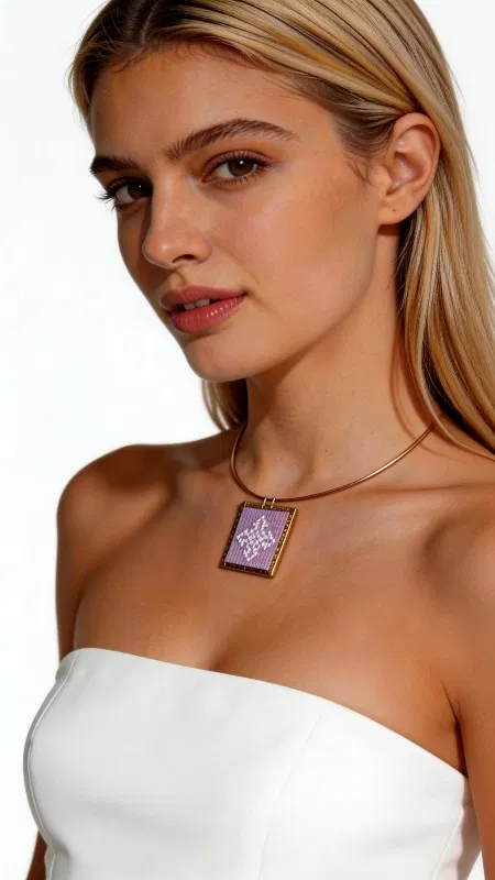 , Ανακαλύψτε την κομψότητα του χειροποίητου με αυτό το εντυπωσιακό κεντητό κολιέ σε λιλά απόχρωση, που συνδυάζει παραδοσιακή τέχνη με σύγχρονο design. Σχεδιασμένο από την Ελληνίδα Σχεδιάστρια Κοσμημάτων Αικατερίνη Χαλκιαδάκη, το κόσμημα αυτό αποτελεί μια μοναδική έκφραση ελληνικής χειροτεχνίας και καλλιτεχνικής αισθητικής. Το statement κολιέ διακοσμείται με γεωμετρικά μοτίβα κεντημένα με χρυσοκλωστή, δημιουργώντας έναν πλούσιο συνδυασμό χρωμάτων και υφών. Το τετράγωνο κεντητό στοιχείο αποτελεί το κεντρικό σημείο του σχεδίου, ενώ η ορείχαλκινη αλυσίδα προσδίδει μια σύγχρονη πινελιά στο παραδοσιακό χειρόγραφο στυλ. Ιδανικό για να συμπληρώσει τόσο καθημερινά όσο και επίσημα outfits, το κολιέ προσφέρει ευελιξία στο styling και μπορεί να φορεθεί μόνο του ή σε layering συνδυασμούς. Η λιλά απόχρωση του αρμονίζει τέλεια με ανοιχτόχρωμα ρούχα και δημιουργεί όμορφες αντιθέσεις με πιο σκούρες παλέτες. Υλικό: Ορείχαλκος, Ύφασμα Φροντίδα: Φυλάσσετε σε στεγνό μέρος και αποφεύγετε την επαφή με νερό και αρώματα για τη διατήρηση των χρωμάτων του κεντήματος.