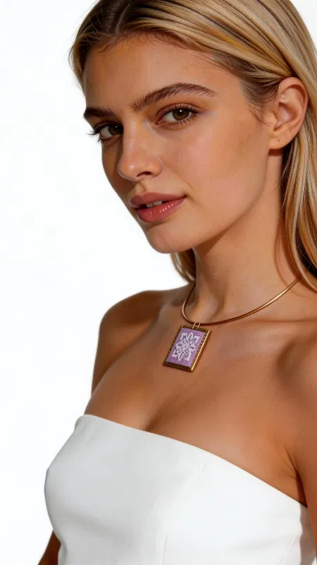 , Ανακαλύψτε τη μαγεία του κεντήματος με αυτό το εντυπωσιακό κολιέ σε λιλά απόχρωση που συνδυάζει παραδοσιακή τέχνη με σύγχρονο design. Το κολιέ κεντητό με γεωμετρικά σχέδια σχεδιασμένο από την Ελληνίδα Σχεδιάστρια Κοσμημάτων Αικατερίνη Χαλκιαδάκη αποτελεί ένα μοναδικό statement κόσμημα που προσθέτει κομψότητα σε κάθε εμφάνιση. Το εντυπωσιακό αυτό χειροποίητο κόσμημα φέρει περίτεχνα γεωμετρικά μοτίβα κεντημένα με χρυσοκλωστή σε υπέροχη λιλά απόχρωση. Το τετράγωνο κεντητό στοιχείο δεσμεύεται με ποιοτικό ορείχαλκο, δημιουργώντας έναν αρμονικό συνδυασμό παραδοσιακής τέχνης και μοντέρνου στυλ. Η λεπτή αλυσίδα επιτρέπει στο κόσμημα να τοποθετείται τέλεια στο λαιμό, ενώ το folklore design προσδίδει μια ξεχωριστή ελληνική αισθητική. Ιδανικό για ιδιαίτερες στιγμές και καθημερινή κομψότητα, αυτό το μακρύ κολιέ συνδυάζεται άψογα με άλλα κοσμήματα για layering looks ή φοριέται μόνο του ως statement piece. Υλικό: Ορείχαλκος, Ύφασμα Φροντίστε το κόσμημά σας αποφεύγοντας την επαφή με νερό και αποθηκεύοντάς το σε στεγνό μέρος για να διατηρήσει τη λάμψη του.