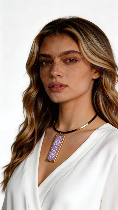 Ανακαλύψτε την τέχνη του παραδοσιακού κεντήματος σε ένα μοντέρνο κολιέ που συνδυάζει αρμονικά την κλασική ελληνική χειροτεχνία με σύγχρονο design. Αυτό το εντυπωσιακό κεντητό κολιέ σε απαλή λιλά απόχρωση, σχεδιασμένο από την Αικατερίνη Χαλκιαδάκη, διακοσμείται με περίτεχνα γεωμετρικά μοτίβα κεντημένα με χρυσοκλωστή που δημιουργούν έναν μαγευτικό συνδυασμό χρωμάτων. Το χειροποίητο κολιέ παρουσιάζει ορθογώνιο κεντητό στοιχείο σε κάνσιν ή εταμίν, με λεπτομερή γεωμετρικά σχέδια που αντανακλούν την πλούσια παράδοση του ελληνικού κεντήματος. Η χρυσοκλωστή προσδίδει λάμψη και κομψότητα, ενώ το ορείχαλκινο κούμπωμα εξασφαλίζει ασφάλεια και αντοχή. Το statement κομμάτι ολοκληρώνεται με μαύρο κορδόνι που δημιουργεί elegant contrast. Ιδανικό για να συμπληρώσει bohemian και ethnic εμφανίσεις, αυτό το γυναικείο κολιέ προσθέτει χρώμα και χαρακτήρα σε κάθε outfit. Φροντίστε το με απαλό καθαρισμό και αποθηκεύστε το σε στεγνό μέρος για να διατηρήσει την ομορφιά του. Υλικό: Ορείχαλκος, Ύφασμα