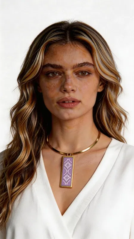 , Ανακαλύψτε την τέχνη του παραδοσιακού κεντήματος σε ένα μοντέρνο κολιέ που συνδυάζει αρμονικά την κλασική ελληνική χειροτεχνία με σύγχρονο design. Αυτό το εντυπωσιακό κεντητό κολιέ σε απαλή λιλά απόχρωση, σχεδιασμένο από την Αικατερίνη Χαλκιαδάκη, διακοσμείται με περίτεχνα γεωμετρικά μοτίβα κεντημένα με χρυσοκλωστή που δημιουργούν έναν μαγευτικό συνδυασμό χρωμάτων. Το χειροποίητο κολιέ παρουσιάζει ορθογώνιο κεντητό στοιχείο σε κάνσιν ή εταμίν, με λεπτομερή γεωμετρικά σχέδια που αντανακλούν την πλούσια παράδοση του ελληνικού κεντήματος. Η χρυσοκλωστή προσδίδει λάμψη και κομψότητα, ενώ το ορείχαλκινο κούμπωμα εξασφαλίζει ασφάλεια και αντοχή. Το statement κομμάτι ολοκληρώνεται με μαύρο κορδόνι που δημιουργεί elegant contrast. Ιδανικό για να συμπληρώσει bohemian και ethnic εμφανίσεις, αυτό το γυναικείο κολιέ προσθέτει χρώμα και χαρακτήρα σε κάθε outfit. Φροντίστε το με απαλό καθαρισμό και αποθηκεύστε το σε στεγνό μέρος για να διατηρήσει την ομορφιά του. Υλικό: Ορείχαλκος, Ύφασμα