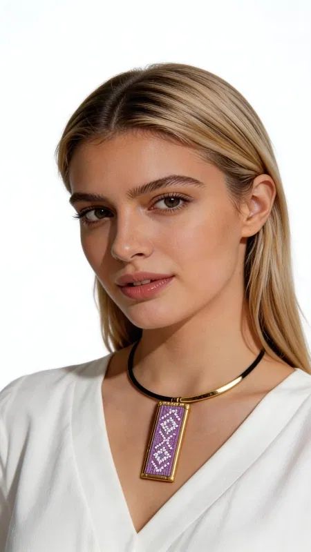 , Ανακαλύψτε την τέχνη του παραδοσιακού κεντήματος σε ένα μοντέρνο κολιέ που συνδυάζει αρμονικά την κλασική ελληνική χειροτεχνία με σύγχρονο design. Αυτό το εντυπωσιακό κεντητό κολιέ σε απαλή λιλά απόχρωση, σχεδιασμένο από την Αικατερίνη Χαλκιαδάκη, διακοσμείται με περίτεχνα γεωμετρικά μοτίβα κεντημένα με χρυσοκλωστή που δημιουργούν έναν μαγευτικό συνδυασμό χρωμάτων. Το χειροποίητο κολιέ παρουσιάζει ορθογώνιο κεντητό στοιχείο σε κάνσιν ή εταμίν, με λεπτομερή γεωμετρικά σχέδια που αντανακλούν την πλούσια παράδοση του ελληνικού κεντήματος. Η χρυσοκλωστή προσδίδει λάμψη και κομψότητα, ενώ το ορείχαλκινο κούμπωμα εξασφαλίζει ασφάλεια και αντοχή. Το statement κομμάτι ολοκληρώνεται με μαύρο κορδόνι που δημιουργεί elegant contrast. Ιδανικό για να συμπληρώσει bohemian και ethnic εμφανίσεις, αυτό το γυναικείο κολιέ προσθέτει χρώμα και χαρακτήρα σε κάθε outfit. Φροντίστε το με απαλό καθαρισμό και αποθηκεύστε το σε στεγνό μέρος για να διατηρήσει την ομορφιά του. Υλικό: Ορείχαλκος, Ύφασμα