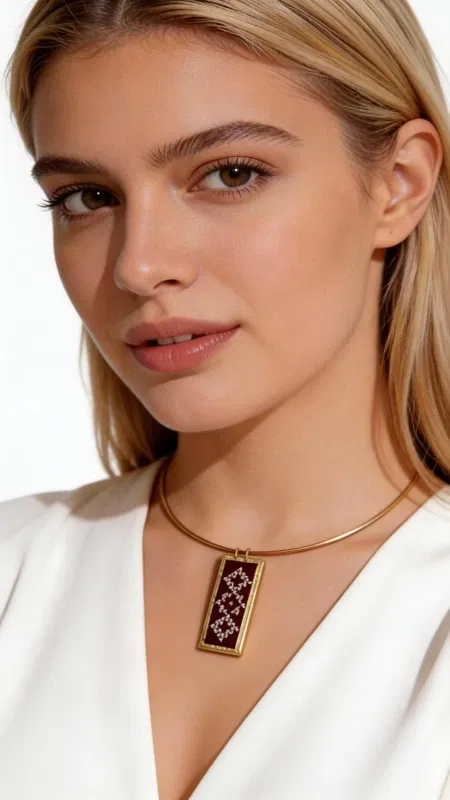 Ανακαλύψτε τη μοναδική ομορφιά του κεντητού κολιέ σε εντυπωσιακό μπορντό χρώμα με γεωμετρικά σχέδια από χρυσοκλωστή, σχεδιασμένο από την Ελληνίδα Σχεδιάστρια Κοσμημάτων Αικατερίνη Χαλκιαδάκη. Αυτό το εξαιρετικό χειροποίητο κόσμημα συνδυάζει την παραδοσιακή τέχνη του κεντήματος με σύγχρονη αισθητική, δημιουργώντας ένα statement κολιέ που θα κλέψει τις εντυπώσεις. Το κολιέ παρουσιάζει περίτεχνα γεωμετρικά μοτίβα κεντημένα με χρυσή κλωστή σε υπέροχο υπόβαθρο μπορντό, ενώ το κομψό δέσιμο από ορείχαλκο προσφέρει άνεση και στυλ. Η τέλεια ισορροπία ανάμεσα στην παραδοσιακή χειροτεχνία και το μοντέρνο design το καθιστά ιδανικό για κάθε περίσταση, από καθημερινές εμφανίσεις έως ειδικές στιγμές. Το κεντητό κοσμήματα αυτής της συλλογής αποτελεί την τέλεια επιλογή για γυναίκες που αγαπούν τα γυναικεία κολιέ με χαρακτήρα και ιδιαίτερο στυλ. Συνδυάστε το με μονόχρωμα outfits για να αναδείξετε την ομορφιά του ή δημιουργήστε layering εμφανίσεις με άλλα κοσμήματα. Φροντίστε το κολιέ σας αποθηκεύοντάς το σε στεγνό μέρος και αποφεύγοντας την επαφή με νερό για μεγαλύτερη διάρκεια ζωής. Υλικό: Ορείχαλκος, Ύφασμα