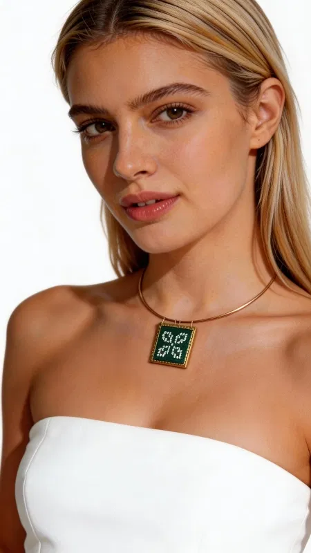 , Ανακαλύψτε τη μαγεία του παραδοσιακού κεντήματος με αυτό το εντυπωσιακό κολιέ κεντητό πράσινο που συνδυάζει την τέχνη του folklore με τη σύγχρονη αισθητική. Σχεδιασμένο από την Ελληνίδα Σχεδιάστρια Κοσμημάτων Αικατερίνη Χαλκιαδάκη, το κόσμημα αυτό αποτελεί ένα μοναδικό statement piece που θα σας ξεχωρίσει. Το τετράγωνο κεντητό μενταγιόν διακοσμείται με γεωμετρικά σχέδια σε αποχρώσεις του πράσινου και του λευκού, δημιουργημένα με χρυσοκλωστή που προσδίδει λάμψη και κομψότητα. Η τεχνική του κεντήματος σε εταμίν δίνει στο κολιέ μια μοναδική υφή και χρώμα που θυμίζει τα παραδοσιακά ελληνικά κεντήματα. Το χρυσό αλυσιδάκι από ορείχαλκο συμπληρώνει τέλεια το σχέδιο, δημιουργώντας μια αρμονική σύνθεση. Αυτό το χειροποίητο κολιέ είναι ιδανικό για καθημερινή ή βραδινή εμφάνιση, προσδίδοντας έναν ethnic και bohemian χαρακτήρα στο στιλ σας. Συνδυάζεται τέλεια με λευκά, μπεζ ή earth tones ρούχα. Υλικό: Ορείχαλκος, Ύφασμα Φροντίστε το κολιέ σας αποθηκεύοντάς το σε στεγνό χώρο και αποφεύγοντας την επαφή με νερό και χημικά.