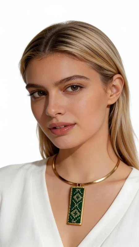 , Ανακαλύψτε την τέλεια ισορροπία μεταξύ παραδοσιακής τέχνης και σύγχρονου στυλ με αυτό το εντυπωσιακό κεντητό κολιέ σε πράσινες αποχρώσεις. Σχεδιασμένο από την Ελληνίδα Σχεδιάστρια Κοσμημάτων Αικατερίνη Χαλκιαδάκη, αυτό το χειροποίητο κόσμημα συνδυάζει γεωμετρικά σχέδια με χρυσοκλωστή για ένα μοναδικό αποτέλεσμα που ξεχωρίζει. Η ιδιαίτερη τεχνική κεντήματος σε εταμίν δημιουργεί έναν εκλεπτυσμένο συνδυασμό πράσινων τόνων που λαμπυρίζουν χάρη στη χρυσοκλωστή. Το κολιέ ολοκληρώνεται με ορείχαλκο που προσδίδει μια vintage πινελιά και εξασφαλίζει ανθεκτικότητα. Το statement design του το καθιστά ιδανικό για ιδιαίτερες περιστάσεις αλλά και για την καθημερινότητα όταν θέλετε να προσθέσετε χρώμα και στυλ στο look σας. Υλικό: Ορείχαλκος, Ύφασμα Συμπληρώστε το με άλλα κοσμήματα της ίδιας συλλογής για μια ολοκληρωμένη εμφάνιση. Φυλάξτε το σε στεγνό μέρος μακριά από άμεση ηλιακή ακτινοβολία για να διατηρηθούν τα χρώματα του.