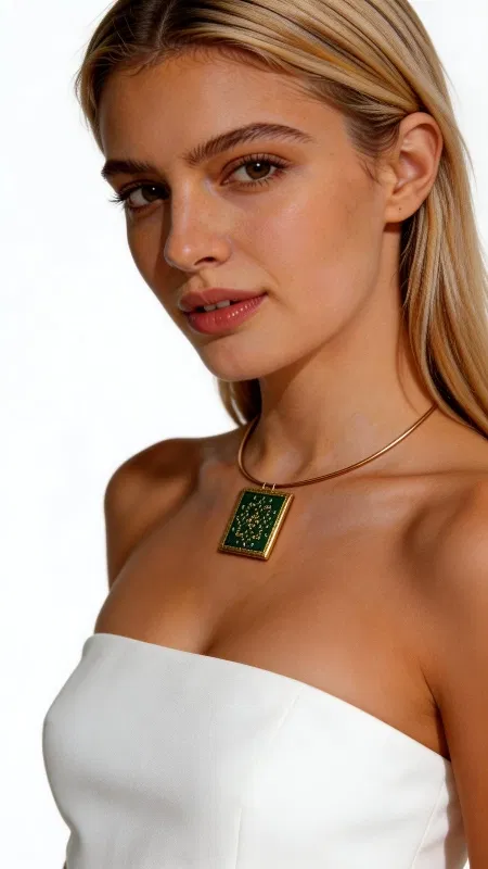 , Ανακαλύψτε τη μαγεία του κεντητού κολιέ που συνδυάζει την παραδοσιακή τέχνη του κεντήματος με σύγχρονο design. Αυτό το εντυπωσιακό κολιέ κεντητό πράσινο με γεωμετρικά σχέδια από χρυσοκλωστή, σχεδιασμένο από την Ελληνίδα Σχεδιάστρια Κοσμημάτων Αικατερίνη Χαλκιαδάκη, αποτελεί ένα μοναδικό κόσμημα που θα μεταμορφώσει κάθε σας εμφάνιση. Το statement κολιέ διαθέτει τετράγωνη φόρμα με περίτεχνα γεωμετρικά μοτίβα κεντημένα με χρυσή κλωστή πάνω σε πράσινο υπόβαθρο. Η χρυσή αλυσίδα από ορείχαλκο προσδίδει κομψότητα, ενώ το χειροποίητο κέντημα δημιουργεί μια μοναδική υφή που τραβάει τα βλέμματα. Το folk design με τα χρυσά σχέδια δημιουργεί ένα εντυπωσιακό contrast που αναδεικνύει τη θηλυκότητα. Ιδανικό για layering με άλλα κολιέ ή μόνο του ως statement piece, συνδυάζεται τέλεια με λευκά tops, φορέματα και casual ή elegant looks. Η μοναδική αισθητική του το καθιστά αυθεντικό greek jewelry που φέρει την υπογραφή της ελληνικής χειροτεχνίας. Υλικό: Ορείχαλκος, Ύφασμα Φυλάσσετε το κολιέ σε στεγνό μέρος και αποφεύγετε την επαφή με νερό για να διατηρήσετε το κέντημα σε άριστη κατάσταση.