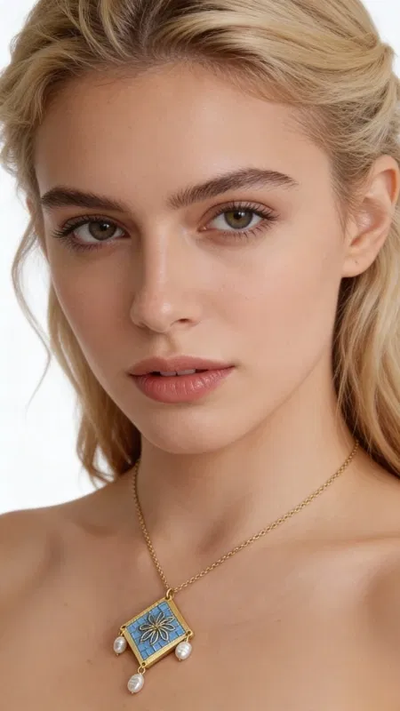 Ανακαλύψτε τη μαγεία του παραδοσιακού κεντήματος με αυτό το εξαιρετικό κολιέ κεντητό γαλάζιο που συνδυάζει αρμονικά την ελληνική παράδοση με τη σύγχρονη αισθητική. Σχεδιασμένο από την Ελληνίδα Σχεδιάστρια Κοσμημάτων Αικατερίνη Χαλκιαδάκη, το κόσμημα αυτό αποτελεί ένα μοναδικό statement piece που θα αναδείξει κάθε σας εμφάνιση.
Το κεντητό pendant παρουσιάζει ένα γεωμετρικό σχέδιο με χρυσές λεπτομέρειες που δημιουργούν μια εντυπωσιακή σύνθεση στο γαλάζιο φόντο. Οι κομψές πέρλες που κρέμονται από το κάτω μέρος προσδίδουν κίνηση και elegance, ενώ η χρυσή αλυσίδα από ορείχαλκο συμπληρώνει τέλεια το συνολικό design. Το γαλάζιο χρώμα αποπνέει φρεσκάδα και είναι ιδανικό για καλοκαιρινές εμφανίσεις αλλά και για κομψά evening looks.
Φροντίδα: Αποφύγετε την επαφή με νερό και αρώματα. Φυλάξτε σε στεγνό μέρος.