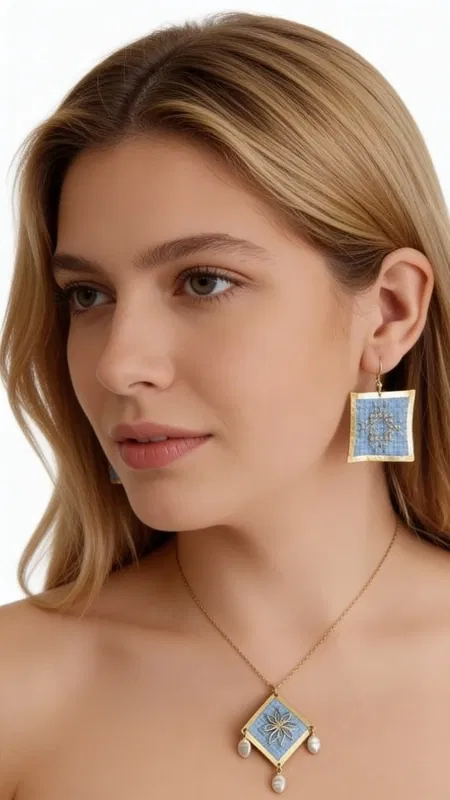 , Ανακαλύψτε τη μαγεία του παραδοσιακού κεντήματος με αυτό το εξαιρετικό κολιέ κεντητό γαλάζιο που συνδυάζει αρμονικά την ελληνική παράδοση με τη σύγχρονη αισθητική. Σχεδιασμένο από την Ελληνίδα Σχεδιάστρια Κοσμημάτων Αικατερίνη Χαλκιαδάκη, το κόσμημα αυτό αποτελεί ένα μοναδικό statement piece που θα αναδείξει κάθε σας εμφάνιση.
Το κεντητό pendant παρουσιάζει ένα γεωμετρικό σχέδιο με χρυσές λεπτομέρειες που δημιουργούν μια εντυπωσιακή σύνθεση στο γαλάζιο φόντο. Οι κομψές πέρλες που κρέμονται από το κάτω μέρος προσδίδουν κίνηση και elegance, ενώ η χρυσή αλυσίδα από ορείχαλκο συμπληρώνει τέλεια το συνολικό design. Το γαλάζιο χρώμα αποπνέει φρεσκάδα και είναι ιδανικό για καλοκαιρινές εμφανίσεις αλλά και για κομψά evening looks.
Φροντίδα: Αποφύγετε την επαφή με νερό και αρώματα. Φυλάξτε σε στεγνό μέρος.