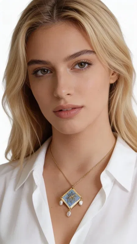 , Ανακαλύψτε τη μαγεία του παραδοσιακού κεντήματος με αυτό το εξαιρετικό κολιέ κεντητό γαλάζιο που συνδυάζει αρμονικά την ελληνική παράδοση με τη σύγχρονη αισθητική. Σχεδιασμένο από την Ελληνίδα Σχεδιάστρια Κοσμημάτων Αικατερίνη Χαλκιαδάκη, το κόσμημα αυτό αποτελεί ένα μοναδικό statement piece που θα αναδείξει κάθε σας εμφάνιση.
Το κεντητό pendant παρουσιάζει ένα γεωμετρικό σχέδιο με χρυσές λεπτομέρειες που δημιουργούν μια εντυπωσιακή σύνθεση στο γαλάζιο φόντο. Οι κομψές πέρλες που κρέμονται από το κάτω μέρος προσδίδουν κίνηση και elegance, ενώ η χρυσή αλυσίδα από ορείχαλκο συμπληρώνει τέλεια το συνολικό design. Το γαλάζιο χρώμα αποπνέει φρεσκάδα και είναι ιδανικό για καλοκαιρινές εμφανίσεις αλλά και για κομψά evening looks.
Φροντίδα: Αποφύγετε την επαφή με νερό και αρώματα. Φυλάξτε σε στεγνό μέρος.