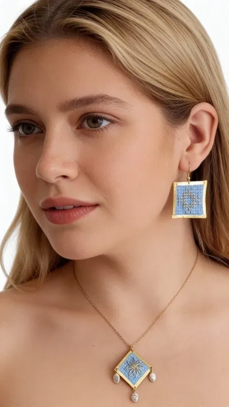 , Ανακαλύψτε τη μαγεία του παραδοσιακού κεντήματος με αυτό το εξαιρετικό κολιέ κεντητό γαλάζιο που συνδυάζει αρμονικά την ελληνική παράδοση με τη σύγχρονη αισθητική. Σχεδιασμένο από την Ελληνίδα Σχεδιάστρια Κοσμημάτων Αικατερίνη Χαλκιαδάκη, το κόσμημα αυτό αποτελεί ένα μοναδικό statement piece που θα αναδείξει κάθε σας εμφάνιση.
Το κεντητό pendant παρουσιάζει ένα γεωμετρικό σχέδιο με χρυσές λεπτομέρειες που δημιουργούν μια εντυπωσιακή σύνθεση στο γαλάζιο φόντο. Οι κομψές πέρλες που κρέμονται από το κάτω μέρος προσδίδουν κίνηση και elegance, ενώ η χρυσή αλυσίδα από ορείχαλκο συμπληρώνει τέλεια το συνολικό design. Το γαλάζιο χρώμα αποπνέει φρεσκάδα και είναι ιδανικό για καλοκαιρινές εμφανίσεις αλλά και για κομψά evening looks.
Φροντίδα: Αποφύγετε την επαφή με νερό και αρώματα. Φυλάξτε σε στεγνό μέρος.