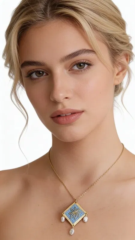 , Ανακαλύψτε τη μαγεία του παραδοσιακού κεντήματος με αυτό το εξαιρετικό κολιέ κεντητό γαλάζιο που συνδυάζει αρμονικά την ελληνική παράδοση με τη σύγχρονη αισθητική. Σχεδιασμένο από την Ελληνίδα Σχεδιάστρια Κοσμημάτων Αικατερίνη Χαλκιαδάκη, το κόσμημα αυτό αποτελεί ένα μοναδικό statement piece που θα αναδείξει κάθε σας εμφάνιση.
Το κεντητό pendant παρουσιάζει ένα γεωμετρικό σχέδιο με χρυσές λεπτομέρειες που δημιουργούν μια εντυπωσιακή σύνθεση στο γαλάζιο φόντο. Οι κομψές πέρλες που κρέμονται από το κάτω μέρος προσδίδουν κίνηση και elegance, ενώ η χρυσή αλυσίδα από ορείχαλκο συμπληρώνει τέλεια το συνολικό design. Το γαλάζιο χρώμα αποπνέει φρεσκάδα και είναι ιδανικό για καλοκαιρινές εμφανίσεις αλλά και για κομψά evening looks.
Φροντίδα: Αποφύγετε την επαφή με νερό και αρώματα. Φυλάξτε σε στεγνό μέρος.