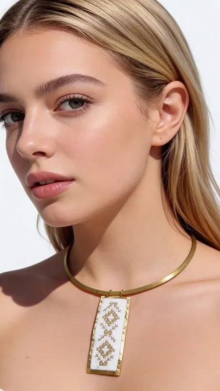 Ανακαλύψτε την τέχνη του κεντήματος στα κοσμήματα με αυτό το εξαιρετικό κολιέ κεντητό λευκό που συνδυάζει παραδοσιακή τεχνική με σύγχρονο design. Σχεδιασμένο από την Ελληνίδα Σχεδιάστρια Κοσμημάτων Αικατερίνη Χαλκιαδάκη, αυτό το μοναδικό κόσμημα φέρει γεωμετρικά σχέδια κεντημένα με χρυσοκλωστή σε λευκό ύφασμα, δημιουργώντας μια εντυπωσιακή αντίθεση που τραβά τα βλέμματα.
Το statement κολιέ διαθέτει τετράγωνη κρεμαστή επιφάνεια που προβάλλει με υπερηφάνεια τα χειροποίητα γεωμετρικά μοτίβα, ενώ συμπληρώνεται από χρυσό μεταλλικό περιλαίμιο από ορείχαλκο που προσδίδει κομψότητα και σταθερότητα. Η λευκή βάση με τη χρυσή κλωστή δημιουργεί έναν τέλειο συνδυασμό που ταιριάζει ιδανικά με καλοκαιρινά outfits και bohemian στυλ.
Ιδανικό για καθημερινή ή βραδινή εμφάνιση, αυτό το κεντητό κολιέ προσθέτει έναν καλλιτεχνικό χαρακτήρα στο στυλ σας. Συντηρείται εύκολα με απαλό καθάρισμα και φύλαξη σε στεγνό περιβάλλον.