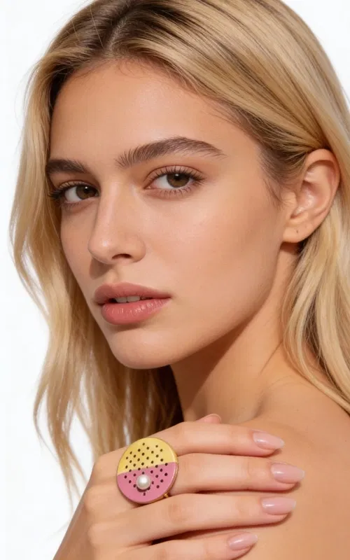 Ένα εντυπωσιακό statement δαχτυλίδι που συνδυάζει την κλασική κομψότητα με το μοντέρνο design. Το μοναδικό αυτό χειροποίητο κόσμημα, σχεδιασμένο από την Ελληνίδα Σχεδιάστρια Κοσμημάτων Αικατερίνη Χαλκιαδάκη, αποτελεί την τέλεια επιλογή για τη γυναίκα που επιθυμεί να ξεχωρίσει.
Η γεωμετρική κυκλική βάση από ορείχαλκο παρουσιάζει έναν εξαιρετικό συνδυασμό χρωμάτων - χρυσαφί και φούξια ροζ - που δημιουργούν μια σύγχρονη αισθητική yin-yang. Η διάτρητη επιφάνεια με τις γεωμετρικές οπές προσδίδει έναν βιομηχανικό χαρακτήρα, ενώ το λευκό μαργαριτάρι στο κέντρο προσθέτει μια νότα κομψότητας και θηλυκότητας.
Το μεγάλο μέγεθος του δαχτυλιδιού το καθιστά ιδανικό για ιδιαίτερες εμφανίσεις και βραδινές εξόδους. Συνδυάζεται υπέροχα με μονόχρωμα outfits και προσθέτει χρώμα και στυλ σε κάθε look.