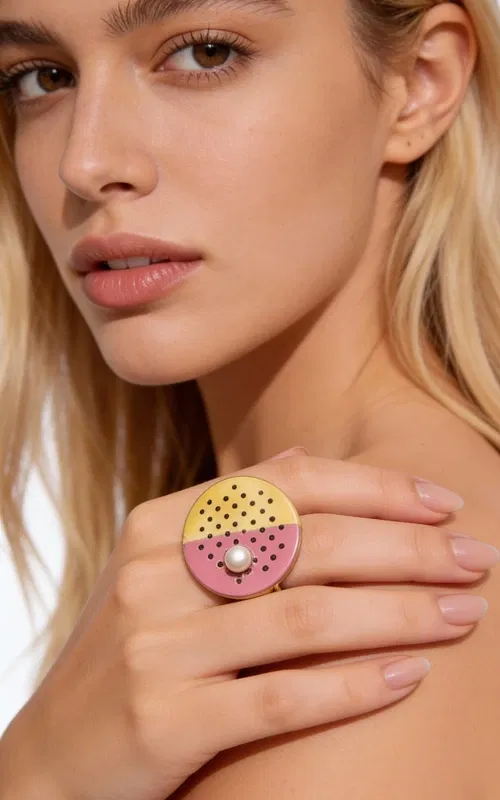 , Ένα εντυπωσιακό statement δαχτυλίδι που συνδυάζει την κλασική κομψότητα με το μοντέρνο design. Το μοναδικό αυτό χειροποίητο κόσμημα, σχεδιασμένο από την Ελληνίδα Σχεδιάστρια Κοσμημάτων Αικατερίνη Χαλκιαδάκη, αποτελεί την τέλεια επιλογή για τη γυναίκα που επιθυμεί να ξεχωρίσει.
Η γεωμετρική κυκλική βάση από ορείχαλκο παρουσιάζει έναν εξαιρετικό συνδυασμό χρωμάτων - χρυσαφί και φούξια ροζ - που δημιουργούν μια σύγχρονη αισθητική yin-yang. Η διάτρητη επιφάνεια με τις γεωμετρικές οπές προσδίδει έναν βιομηχανικό χαρακτήρα, ενώ το λευκό μαργαριτάρι στο κέντρο προσθέτει μια νότα κομψότητας και θηλυκότητας.
Το μεγάλο μέγεθος του δαχτυλιδιού το καθιστά ιδανικό για ιδιαίτερες εμφανίσεις και βραδινές εξόδους. Συνδυάζεται υπέροχα με μονόχρωμα outfits και προσθέτει χρώμα και στυλ σε κάθε look.