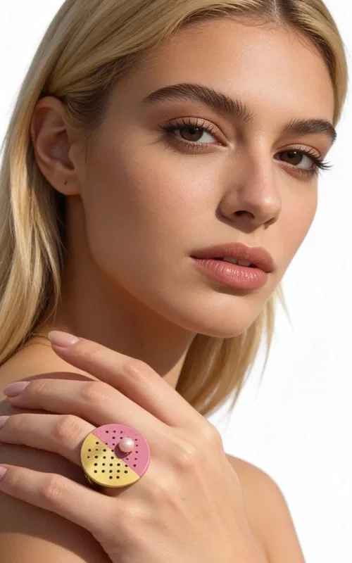 , Ένα εντυπωσιακό statement δαχτυλίδι που συνδυάζει την κλασική κομψότητα με το μοντέρνο design. Το μοναδικό αυτό χειροποίητο κόσμημα, σχεδιασμένο από την Ελληνίδα Σχεδιάστρια Κοσμημάτων Αικατερίνη Χαλκιαδάκη, αποτελεί την τέλεια επιλογή για τη γυναίκα που επιθυμεί να ξεχωρίσει.
Η γεωμετρική κυκλική βάση από ορείχαλκο παρουσιάζει έναν εξαιρετικό συνδυασμό χρωμάτων - χρυσαφί και φούξια ροζ - που δημιουργούν μια σύγχρονη αισθητική yin-yang. Η διάτρητη επιφάνεια με τις γεωμετρικές οπές προσδίδει έναν βιομηχανικό χαρακτήρα, ενώ το λευκό μαργαριτάρι στο κέντρο προσθέτει μια νότα κομψότητας και θηλυκότητας.
Το μεγάλο μέγεθος του δαχτυλιδιού το καθιστά ιδανικό για ιδιαίτερες εμφανίσεις και βραδινές εξόδους. Συνδυάζεται υπέροχα με μονόχρωμα outfits και προσθέτει χρώμα και στυλ σε κάθε look.