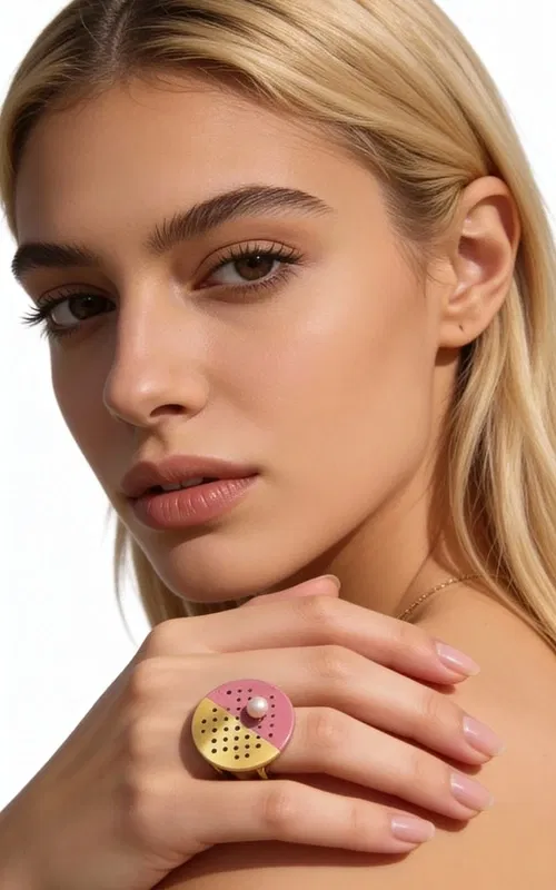 , Ένα εντυπωσιακό statement δαχτυλίδι που συνδυάζει την κλασική κομψότητα με το μοντέρνο design. Το μοναδικό αυτό χειροποίητο κόσμημα, σχεδιασμένο από την Ελληνίδα Σχεδιάστρια Κοσμημάτων Αικατερίνη Χαλκιαδάκη, αποτελεί την τέλεια επιλογή για τη γυναίκα που επιθυμεί να ξεχωρίσει.
Η γεωμετρική κυκλική βάση από ορείχαλκο παρουσιάζει έναν εξαιρετικό συνδυασμό χρωμάτων - χρυσαφί και φούξια ροζ - που δημιουργούν μια σύγχρονη αισθητική yin-yang. Η διάτρητη επιφάνεια με τις γεωμετρικές οπές προσδίδει έναν βιομηχανικό χαρακτήρα, ενώ το λευκό μαργαριτάρι στο κέντρο προσθέτει μια νότα κομψότητας και θηλυκότητας.
Το μεγάλο μέγεθος του δαχτυλιδιού το καθιστά ιδανικό για ιδιαίτερες εμφανίσεις και βραδινές εξόδους. Συνδυάζεται υπέροχα με μονόχρωμα outfits και προσθέτει χρώμα και στυλ σε κάθε look.