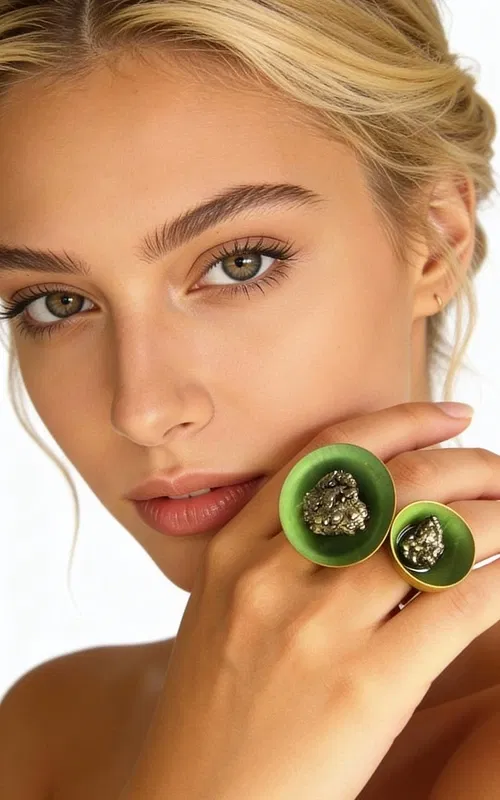 Ανακαλύψτε τη μαγεία του χειροποίητου κοσμήματος με αυτό το εντυπωσιακό δαχτυλίδι που φέρει διπλό σιδηροπυρίτη σε πράσινες αποχρώσεις. Σχεδιασμένο από την Ελληνίδα Σχεδιάστρια Κοσμημάτων Αικατερίνη Χαλκιαδάκη, αυτό το μοναδικό κόσμημα συνδυάζει την ελληνική τεχνογνωσία με τη σύγχρονη αισθητική.
Το δαχτυλίδι διαθέτει δύο στρογγυλές επιφάνειες διαφορετικών διαστάσεων, κατασκευασμένες από ποιοτικό ορείχαλκο με μαύρη πατίνα που δημιουργεί εντυπωσιακές αντιθέσεις. Κάθε επιφάνεια φιλοξενεί έναν λαμπερό σιδηροπυρίτη, γνωστό και ως "χρυσάφι του ανόητου", που δημιουργεί μαγευτικούς χρυσαφένιους αντανακλασμούς μέσα στη ρητίνη πράσινου χρώματος.
Η ανατομική σχεδίαση του δαχτυλιδιού εξασφαλίζει άνετη εφαρμογή, ενώ το statement design το καθιστά ιδανικό για όσες αγαπούν τα εντυπωσιακά κοσμήματα. Συνδυάζεται τέλεια με casual και επίσημα outfits, προσδίδοντας μια bohemian πινελιά στη διάθεσή σας.