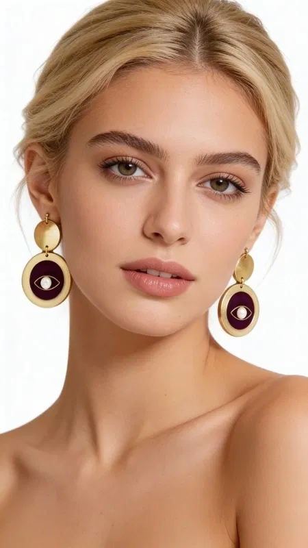 , Ανακαλύψτε τη μαγεία του evil eye με αυτά τα εντυπωσιακά χειροποίητα σκουλαρίκια που συνδυάζουν παραδοσιακή προστασία με μοντέρνο στυλ. Κάθε ζευγάρι σκουλαρικιών evil eye, σχεδιασμένο από την Ελληνίδα Σχεδιάστρια Κοσμημάτων Αικατερίνη Χαλκιαδάκη, αποτελεί μια μοναδική δημιουργία που ενώνει τη σύγχρονη αισθητική με την αρχαία ελληνική παράδοση.
Τα κρεμαστά σκουλαρίκια διαθέτουν δύο κομψούς κύκλους από ξύλο σε χρυσαφένια απόχρωση, με το κάτω τμήμα να φέρει εντυπωσιακό evil eye σε βαθύ μοβ χρώμα και λευκή πέρλα στο κέντρο. Η γεωμετρική σύνθεση και η αντίθεση των χρωμάτων δημιουργούν ένα statement κόσμημα που προσελκύει τα βλέμματα.