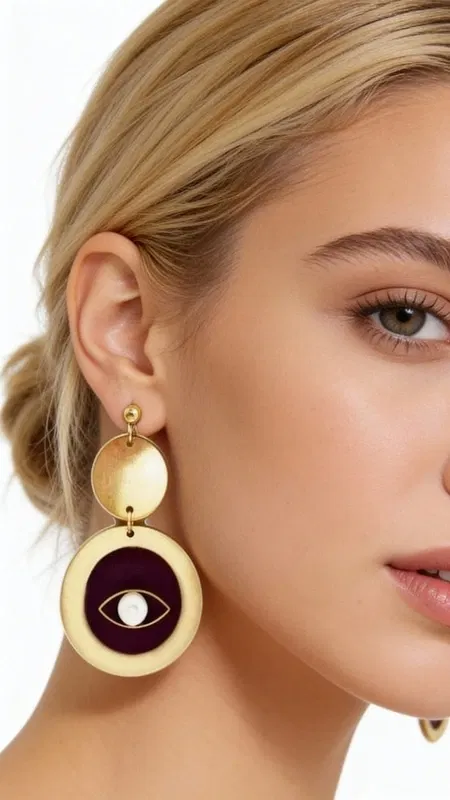 , Ανακαλύψτε τη μαγεία του evil eye με αυτά τα εντυπωσιακά χειροποίητα σκουλαρίκια που συνδυάζουν παραδοσιακή προστασία με μοντέρνο στυλ. Κάθε ζευγάρι σκουλαρικιών evil eye, σχεδιασμένο από την Ελληνίδα Σχεδιάστρια Κοσμημάτων Αικατερίνη Χαλκιαδάκη, αποτελεί μια μοναδική δημιουργία που ενώνει τη σύγχρονη αισθητική με την αρχαία ελληνική παράδοση.
Τα κρεμαστά σκουλαρίκια διαθέτουν δύο κομψούς κύκλους από ξύλο σε χρυσαφένια απόχρωση, με το κάτω τμήμα να φέρει εντυπωσιακό evil eye σε βαθύ μοβ χρώμα και λευκή πέρλα στο κέντρο. Η γεωμετρική σύνθεση και η αντίθεση των χρωμάτων δημιουργούν ένα statement κόσμημα που προσελκύει τα βλέμματα.