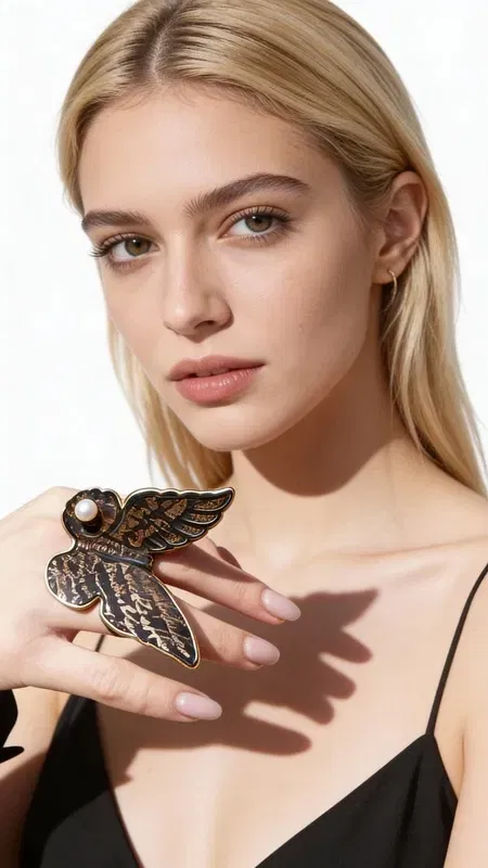 Ανακαλύψτε την τέλεια ισορροπία μεταξύ κλασικής κομψότητας και σύγχρονου design με αυτό το εντυπωσιακό statement δαχτυλίδι χειρόγραφο με μαργαριτάρι. Σχεδιασμένο από την Ελληνίδα Σχεδιάστρια Κοσμημάτων Αικατερίνη Χαλκιαδάκη, αυτό το μοναδικό κόσμημα συνδυάζει τη χειροποίητη τεχνοτροπία με καινοτόμα στοιχεία.
Το δαχτυλίδι χαρακτηρίζεται από τη μαύρη βάση του με εκλεπτυσμένα χειρόγραφα μοτίβα που θυμίζουν αρχαία ελληνικά γράμματα και διακοσμητικά στοιχεία. Στο κέντρο της σύνθεσης, ένα λευκό μαργαριτάρι προσθέτει αίσθηση πολυτέλειας και φωτεινότητας, δημιουργώντας έναν εντυπωσιακό αντίθεση με το σκούρο φόντο. Τα φτερωτά μοτίβα και οι χρυσές λεπτομέρειες συμπληρώνουν τη σύνθεση, προσδίδοντας βάθος και κίνηση στο σχέδιο.
Αυτό το εξαιρετικό κόσμημα είναι ιδανικό για γυναίκες που επιλέγουν μοναδικά αξεσουάρ και αγαπούν τα χειροποίητα κοσμήματα με ιστορία. Φροντίστε το δαχτυλίδι σας αποθηκεύοντάς το σε στεγνό μέρος και καθαρίζοντάς το απαλά με μαλακό πανί.