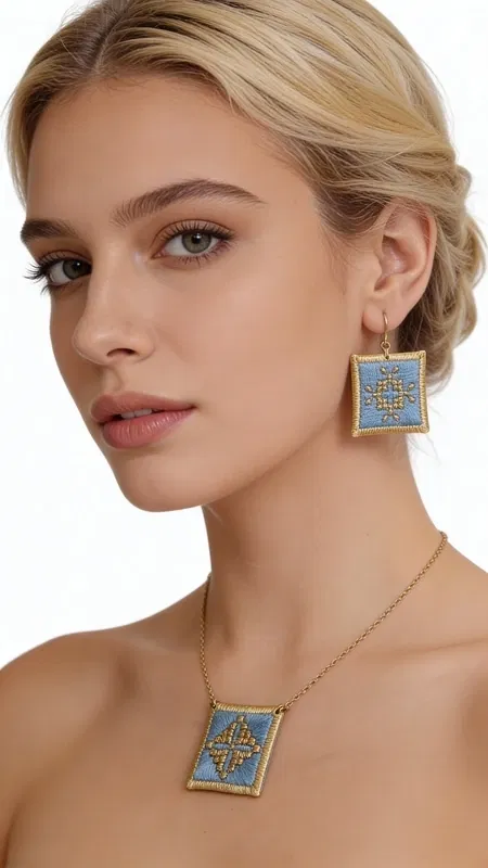 , Τα statement σκουλαρίκια με κεντητά γεωμετρικά σχέδια σε γαλάζιο χρώμα θα γίνουν το αγαπημένο σας αξεσουάρ για κάθε ιδιαίτερη περίσταση. Σχεδιασμένα από την Ελληνίδα Σχεδιάστρια Κοσμημάτων Αικατερίνη Χαλκιαδάκη, αυτά τα εντυπωσιακά χειροποίητα σκουλαρίκια συνδυάζουν την παραδοσιακή τέχνη του κεντήματος με σύγχρονο design.
Η χρυσοκλωστή σε απαλό γαλάζιο χρώμα δημιουργεί ένα μοναδικό γεωμετρικό μοτίβο που προσθέτει κομψότητα και στυλ σε κάθε εμφάνιση. Τα κεντητά σκουλαρίκια έχουν τετράγωνο σχήμα και μεσαίο μέγεθος, ιδανικό για να κάνουν statement χωρίς να είναι υπερβολικά βαριά. Η λεπτομερής χειροτεχνία και το folklore design τους κάνουν ιδιαίτερα για βραδινές εξόδους, ειδικές εκδηλώσεις ή ακόμα και για γαμήλιες εμφανίσεις. Συντηρήστε τα σκουλαρίκια σας αποθηκεύοντάς τα σε στεγνό μέρος και αποφεύγοντας την επαφή με νερό ή χημικά προϊόντα για να διατηρήσουν το χρώμα τους.