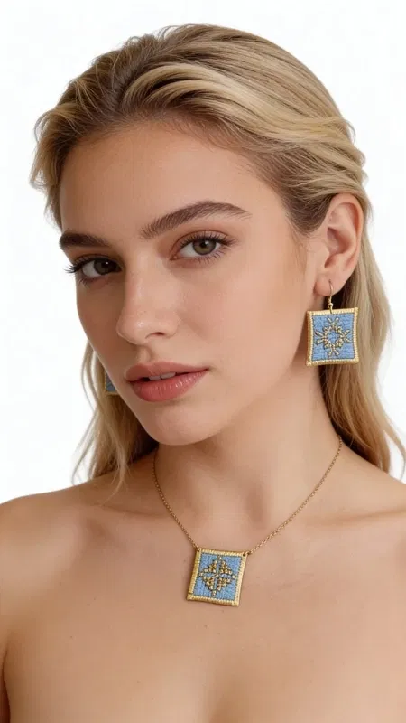 , Τα statement σκουλαρίκια με κεντητά γεωμετρικά σχέδια σε γαλάζιο χρώμα θα γίνουν το αγαπημένο σας αξεσουάρ για κάθε ιδιαίτερη περίσταση. Σχεδιασμένα από την Ελληνίδα Σχεδιάστρια Κοσμημάτων Αικατερίνη Χαλκιαδάκη, αυτά τα εντυπωσιακά χειροποίητα σκουλαρίκια συνδυάζουν την παραδοσιακή τέχνη του κεντήματος με σύγχρονο design.
Η χρυσοκλωστή σε απαλό γαλάζιο χρώμα δημιουργεί ένα μοναδικό γεωμετρικό μοτίβο που προσθέτει κομψότητα και στυλ σε κάθε εμφάνιση. Τα κεντητά σκουλαρίκια έχουν τετράγωνο σχήμα και μεσαίο μέγεθος, ιδανικό για να κάνουν statement χωρίς να είναι υπερβολικά βαριά. Η λεπτομερής χειροτεχνία και το folklore design τους κάνουν ιδιαίτερα για βραδινές εξόδους, ειδικές εκδηλώσεις ή ακόμα και για γαμήλιες εμφανίσεις. Συντηρήστε τα σκουλαρίκια σας αποθηκεύοντάς τα σε στεγνό μέρος και αποφεύγοντας την επαφή με νερό ή χημικά προϊόντα για να διατηρήσουν το χρώμα τους.