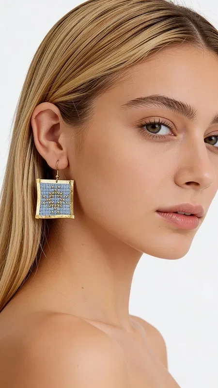 , Τα statement σκουλαρίκια με κεντητά γεωμετρικά σχέδια σε γαλάζιο χρώμα θα γίνουν το αγαπημένο σας αξεσουάρ για κάθε ιδιαίτερη περίσταση. Σχεδιασμένα από την Ελληνίδα Σχεδιάστρια Κοσμημάτων Αικατερίνη Χαλκιαδάκη, αυτά τα εντυπωσιακά χειροποίητα σκουλαρίκια συνδυάζουν την παραδοσιακή τέχνη του κεντήματος με σύγχρονο design.
Η χρυσοκλωστή σε απαλό γαλάζιο χρώμα δημιουργεί ένα μοναδικό γεωμετρικό μοτίβο που προσθέτει κομψότητα και στυλ σε κάθε εμφάνιση. Τα κεντητά σκουλαρίκια έχουν τετράγωνο σχήμα και μεσαίο μέγεθος, ιδανικό για να κάνουν statement χωρίς να είναι υπερβολικά βαριά. Η λεπτομερής χειροτεχνία και το folklore design τους κάνουν ιδιαίτερα για βραδινές εξόδους, ειδικές εκδηλώσεις ή ακόμα και για γαμήλιες εμφανίσεις. Συντηρήστε τα σκουλαρίκια σας αποθηκεύοντάς τα σε στεγνό μέρος και αποφεύγοντας την επαφή με νερό ή χημικά προϊόντα για να διατηρήσουν το χρώμα τους.