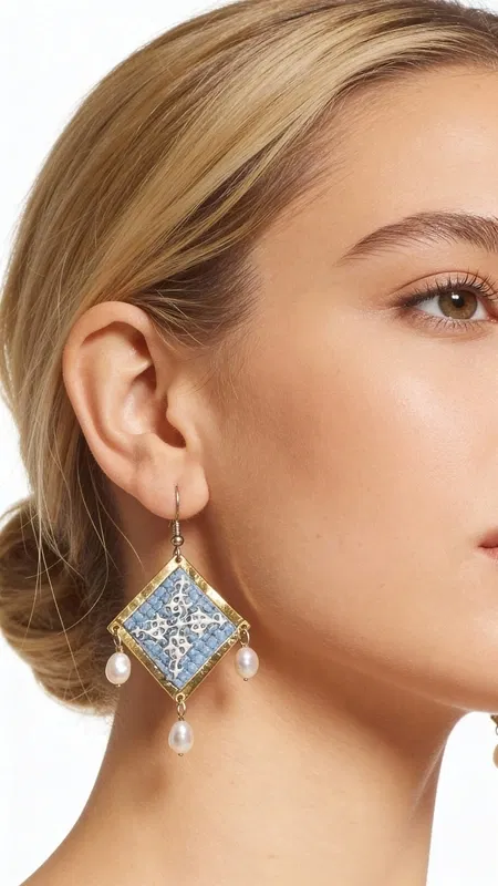 , Τα statement κεντητά σκουλαρίκια σε γαλάζιο χρώμα με γεωμετρικά σχέδια από χρυσοκλωστή αποτελούν το ιδανικό χειροποίητο κόσμημα για να αναδείξετε τη μοναδικότητά σας. Αυτά τα εντυπωσιακά κρεμαστά σκουλαρίκια, σχεδιασμένα από την Ελληνίδα Σχεδιάστρια Κοσμημάτων Αικατερίνη Χαλκιαδάκη, συνδυάζουν την παραδοσιακή τέχνη του κεντήματος με μοντέρνα αισθητική.
Η γαλάζια απόχρωση σε συνδυασμό με τη χρυσοκλωστή δημιουργεί μια εκλεπτυσμένη αντίθεση που προσελκύει τα βλέμματα. Τα γεωμετρικά σχέδια προσδίδουν σύγχρονο χαρακτήρα, ενώ οι λεπτές πέρλες που κρέμονται από τη βάση των σκουλαρικιών προσθέτουν κίνηση και θηλυκότητα. Το folklore design τους τα καθιστά ιδανικά για ιδιαίτερες στιγμές, από νυφικές εμφανίσεις έως κοκτέιλ παρτυ. Ιδανικά σκουλαρίκαι για γάμους, βαπτίσεις και ιδιαίτερες εκδηλώσεις. Συντηρείστε τα με προσοχή, αποφεύγοντας την επαφή με νερό και αρώματα για μεγαλύτερη διάρκεια ζωής.