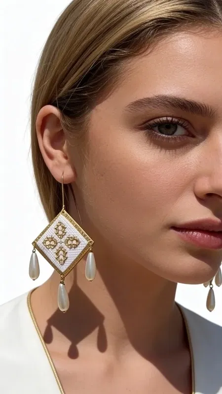 , Τα εντυπωσιακά κεντητά σκουλαρίκια statement με γεωμετρικά σχέδια από χρυσοκλωστή σε λευκό χρώμα αποτελούν την τέλεια επιλογή για κάθε γυναίκα που θέλει να ξεχωρίσει. Σχεδιασμένα από την Ελληνίδα Σχεδιάστρια Κοσμημάτων Αικατερίνη Χαλκιαδάκη, αυτά τα χειροποίητα κοσμήματα συνδυάζουν την παραδοσιακή τέχνη του κεντήματος με μοντέρνα αισθητική.
Κάθε σκουλαρίκι διαθέτει έναν κεντητό ρομβοειδή σχηματισμό με λεπτομερή γεωμετρικά μοτίβα από χρυσή κλωστή, ενώ τρεις κομψές πέρλες σε σταγονοειδές σχήμα κρέμονται κάτω από το κεντρικό στοιχείο, δημιουργώντας μια κίνηση που προσδίδει ζωντάνια και κομψότητα. Το λευκό χρώμα των περλών αντιπαραβάλλει υπέροχα με τις χρυσές λεπτομέρειες.
Αυτά τα εντυπωσιακά σκουλαρίκια είναι ιδανικά για γάμους, βραδινές εξόδους και ειδικές περιστάσεις, προσφέροντας μια πινελιά boho elegance σε κάθε εμφάνιση.
Φυλάξτε τα σε στεγνό μέρος και αποφύγετε την επαφή με υγρασία για τη διατήρηση της ομορφιάς τους.