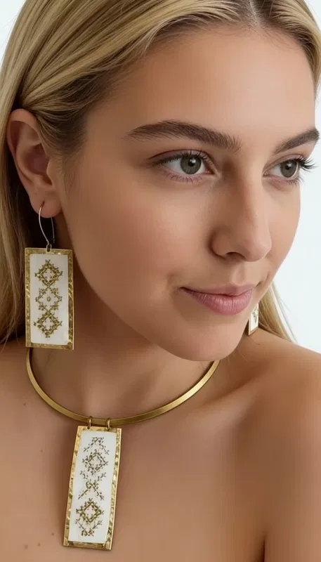 , Αυτά τα εντυπωσιακά statement σκουλαρίκια κεντητά με χρυσοκλωστή συνδυάζουν την παραδοσιακή τέχνη του κεντήματος με τη σύγχρονη αισθητική. Σχεδιασμένα από την Ελληνίδα Σχεδιάστρια Κοσμημάτων Αικατερίνη Χαλκιαδάκη, αυτά τα χειροποίητα σκουλαρίκια διακοσμούνται με γεωμετρικά μοτίβα σε λευκή βάση που δημιουργούν μια κομψή και διαχρονική εμφάνιση.
Τα κρεμαστά σκουλαρίκια χαρακτηρίζονται από τη λεπτομερή χρυσή κεντητή διακόσμηση που σχηματίζει ρομβοειδή σχέδια, προσφέροντας μια μοναδική υφή και όγκο. Η λευκή βάση δημιουργεί την τέλεια αντίθεση με τις χρυσές λεπτομέρεις, ενώ το ορθογώνιο σχήμα τους τα καθιστά ιδανικά για κάθε περίσταση.
Αυτά τα μοντέρνα κεντητά σκουλαρίκια είναι η τέλεια επιλογή για γυναίκες που αγαπούν τα εντυπωσιακά κοσμήματα με παραδοσιακά στοιχεία. Συνδυάζονται αρμονικά με κλασικά και σύγχρονα outfit, προσθέτοντας μια νότα κομψότητας και πρωτοτυπίας. Φυλάσσετε σε στεγνό μέρος και καθαρίζετε απαλά με στεγνό πανί.