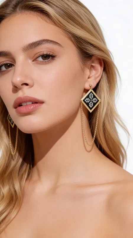 , Τα κεντητά statement σκουλαρίκια με γεωμετρικά σχέδια σε μαύρο και χρυσό συνδυάζουν την παραδοσιακή τέχνη του κεντήματος με τη σύγχρονη αισθητική. Σχεδιασμένα από την Ελληνίδα Σχεδιάστρια Κοσμημάτων Αικατερίνη Χαλκιαδάκη, αυτά τα εντυπωσιακά κρεμαστά σκουλαρίκια αποτελούν την ιδανική επιλογή για τη σύγχρονη γυναίκα που αναζητά μοναδικότητα.
Το κάθε σκουλαρίκι διαθέτει ένα τετραγωνικό κεντητό στοιχείο με περίπλοκα γεωμετρικά μοτίβα που δημιουργούνται με χρυσοκλωστή πάνω σε μαύρη βάση. Η κομψή χρυσή αλυσίδα που κρέμεται προσθέτει κίνηση και δυναμισμό, ενώ το μήκος τους δημιουργεί εντυπωσιακό αποτέλεσμα. Η χειροποίητη κατασκευή εγγυάται την ποιότητα και τη μοναδικότητα κάθε κομματιού.
Αυτά τα μοντέρνα σκουλαρίκια ταιριάζουν τέλεια σε βραδινές εξόδους, γαμήλιες εκδηλώσεις και ιδιαίτερες περιστάσεις. Συνδυάζονται ιδανικά με μαύρα ή χρυσά outfits, προσθέτοντας μια nότα folklore elegance. Φυλάσσετε σε στεγνό μέρος, αποφεύγοντας την επαφή με αρώματα και υγρασία.