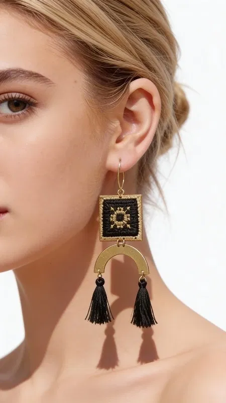 , Τα κεντητά statement σκουλαρίκια με γεωμετρικά σχέδια από χρυσοκλωστή σε μαύρο φόντο είναι το τέλειο αξεσουάρ για να δημιουργήσετε εντυπωσιακά look. Σχεδιασμένα από την Ελληνίδα Σχεδιάστρια Κοσμημάτων Αικατερίνη Χαλκιαδάκη, αυτά τα μοναδικά χειροποίητα σκουλαρίκια συνδυάζουν την παραδοσιακή τέχνη του κεντήματος με σύγχρονο design.
Κάθε σκουλαρίκι διαθέτει τετράγωνο κεντητό στοιχείο με χρυσές λεπτομέρειες που δημιουργούν γεωμετρικά μοτίβα σε μαύρο υπόστρωμα. Οι κρεμαστές φούντες σε μαύρο χρώμα προσθέτουν κίνηση και μοντέρνα αισθητική, ενώ το ορειχάλκινο στοιχείο ολοκληρώνει αρμονικά το σχεδιασμό.
Αυτά τα εντυπωσιακά μακριά σκουλαρίκια είναι ιδανικά για ειδικές περιστάσεις, γάμους, ή όταν θέλετε να δώσετε έμφαση στο styling σας. Η folklore αισθητική τους τα καθιστά τέλεια για boho και ethnic εμφανίσεις. Φροντίστε τα απαλά με στεγνό πανί και αποθηκεύστε τα σε στεγνό μέρος μακριά από άμεση ηλιακή ακτινοβολία για να διατηρήσουν τα χρώματά τους.