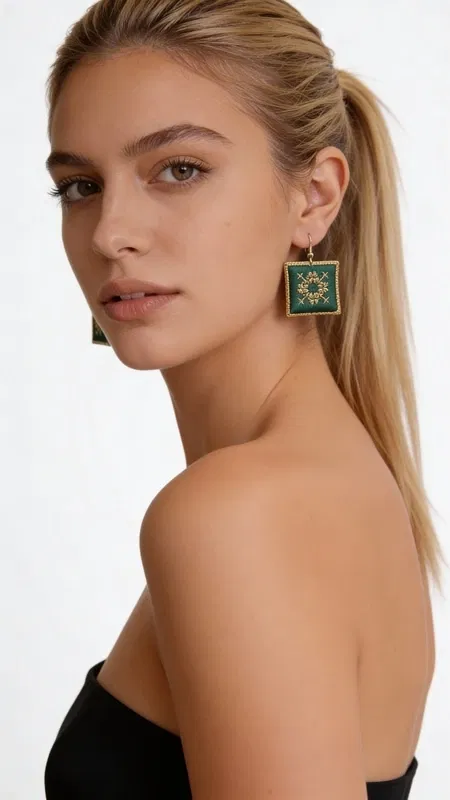 , Εντυπωσιακά statement σκουλαρίκια κεντητά με χρυσοκλωστή που συνδυάζουν τη μοναδική αισθητική του ελληνικού folklore με τη μοντέρνα κομψότητα. Αυτά τα χειροποίητα κοσμήματα σχεδιασμένα από την Ελληνίδα Σχεδιάστρια Κοσμημάτων Αικατερίνη Χαλκιαδάκη παρουσιάζουν ένα μαγευτικό τετράγωνο σχήμα σε έντονο πράσινο χρώμα με χρυσά κεντήματα που σχηματίζουν γεωμετρικά μοτίβα.
Τα κεντητά σκουλαρίκια διαθέτουν λεπτομερή χειροτεχνία με χρυσοκλωστή που δημιουργεί εκλεπτυσμένα σχέδια πάνω σε πράσινη βάση. Το κεντητό ύφασμα περιβάλλεται από χρυσό πλαίσιο που προσδίδει πολυτελή εμφάνιση, ενώ το μέγεθός τους τα καθιστά ιδανικά για statement εμφανίσεις. Είναι τέλεια για γαμήλιες εκδηλώσεις, ειδικές περιστάσεις ή όταν θέλετε να προσθέσετε μια εντυπωσιακή πινελιά στο καθημερινό σας στυλ.
Φροντίστε τα κεντητά σκουλαρίκια σας αποφεύγοντας την επαφή με νερό και αποθηκεύοντάς τα σε στεγνό μέρος για να διατηρήσουν την ομορφιά τους.