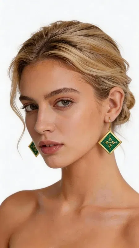 , Αυτά τα εντυπωσιακά κεντητά σκουλαρίκια statement με γεωμετρικό σχέδιο θα γίνουν το απόλυτο αξεσουάρ για κάθε σας εμφάνιση. Η τετραγωνική τους φόρμα σε πράσινη απόχρωση με χρυσές λεπτομέρειες δημιουργεί μια μοναδική αισθητική που συνδυάζει το μοντέρνο στυλ με την παραδοσιακή τέχνη της κεντητικής. Σχεδιασμένα από την Ελληνίδα Σχεδιάστρια Κοσμημάτων Αικατερίνη Χαλκιαδάκη, αυτά τα χειροποίητα σκουλαρίκια ξεχωρίζουν για την εξαιρετική ποιότητα της χρυσοκλωστής και τη σύγχρονη ερμηνεία των γεωμετρικών μοτίβων. Το πράσινο χρώμα προσδίδει φρεσκάδα και ζωντάνια, ενώ οι χρυσές λεπτομέρειες αναδεικνύουν την κομψότητα του σχεδίου. Τα κρεμαστά αυτά σκουλαρίκια είναι ιδανικά για βραδινές εξόδους, ειδικές περιστάσεις ή όταν θέλετε να προσθέσετε μια δόση στυλ στην καθημερινή σας εμφάνιση. Η μοναδική τους φόρμα και το χρωματικό τους σχήμα τα καθιστούν απόλυτα versatile, συνδυάζονται τέλεια με μονόχρωμα outfits και προσδίδουν έναν εντυπωσιακό χαρακτήρα. Υλικό: Ορείχαλκος, Ύφασμα Φροντίστε τα σκουλαρίκια σας αποθηκεύοντάς τα σε στεγνό μέρος και καθαρίζοντάς τα απαλά με μαλακό πανί.