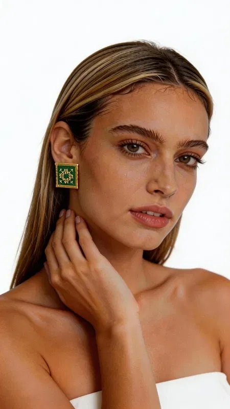 , Ξεχωρίστε με αυτά τα εντυπωσιακά statement σκουλαρίκια κεντητά με χρυσοκλωστή σε έντονο πράσινο χρώμα που συνδυάζουν την παραδοσιακή τέχνη του κεντήματος με τη σύγχρονη αισθητική. Σχεδιασμένα από την Ελληνίδα Σχεδιάστρια Κοσμημάτων Αικατερίνη Χαλκιαδάκη, αυτά τα χειροποίητα σκουλαρίκια φέρουν γεωμετρικά σχέδια που εμπνέονται από το ελληνικό folklore. Κάθε σκουλαρίκι είναι μοναδικό έργο τέχνης, κεντημένο με λεπτομέρεια και αγάπη. Το πλούσιο πράσινο χρώμα σε συνδυασμό με τις χρυσές λεπτομέρειες δημιουργούν έναν εντυπωσιακό συνδυασμό που ταιριάζει τόσο σε καθημερινά όσο και σε επίσημα looks. Η τετραγωνική φόρμα τους προσδίδει μοντέρνα αισθητική, ενώ η χειροποίητη κατασκευή εγγυάται την υψηλή ποιότητα. Ιδανικά για κάθε περίσταση, από casual εμφανίσεις έως γάμους και επίσημες βραδινές εκδηλώσεις. Συνδυάστε τα με μονόχρωμα outfits για να αναδείξετε την ομορφιά τους ή δημιουργήστε bohemian looks που εκφράζουν την προσωπικότητά σας. Υλικό: Ορείχαλκος, Ύφασμα Φροντίδα: Φυλάσσετε σε στεγνό μέρος μακριά από υγρασία και άμεση ηλιακή ακτινοβολία.