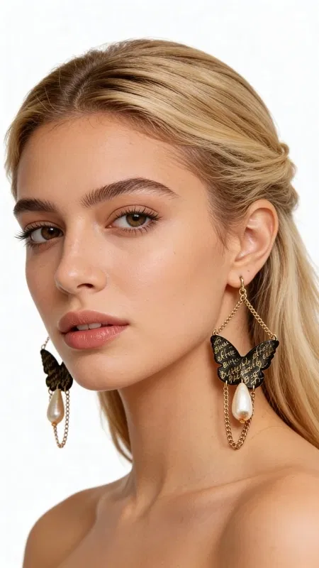 , Τα εντυπωσιακά χειρόγραφα σκουλαρίκια πεταλούδα με αλυσίδα και πέρλες αποτελούν ένα μοναδικό statement κόσμημα που συνδυάζει τη θηλυκότητα με τη σύγχρονη αισθητική. Σχεδιασμένα από την Ελληνίδα Σχεδιάστρια Κοσμημάτων Αικατερίνη Χαλκιαδάκη, αυτά τα χειροποίητα σκουλαρίκια φέρουν χειρόγραφα στοιχεία που προσδίδουν μια ποιητική διάσταση στο design.
Η μαύρη πατίνα στον ορείχαλκο δημιουργεί έναν vintage χαρακτήρα, ενώ οι λεπτές χρυσαφί αλυσίδες και οι κλασικές πέρλες προσθέτουν κομψότητα και κίνηση. Η πεταλούδα, σύμβολο μεταμόρφωσης και ελευθερίας, γίνεται το κεντρικό στοιχείο αυτών των κρεμαστών σκουλαρικιών, ιδανικών για ιδιαίτερες εμφανίσεις και γαμήλιες εκδηλώσεις.